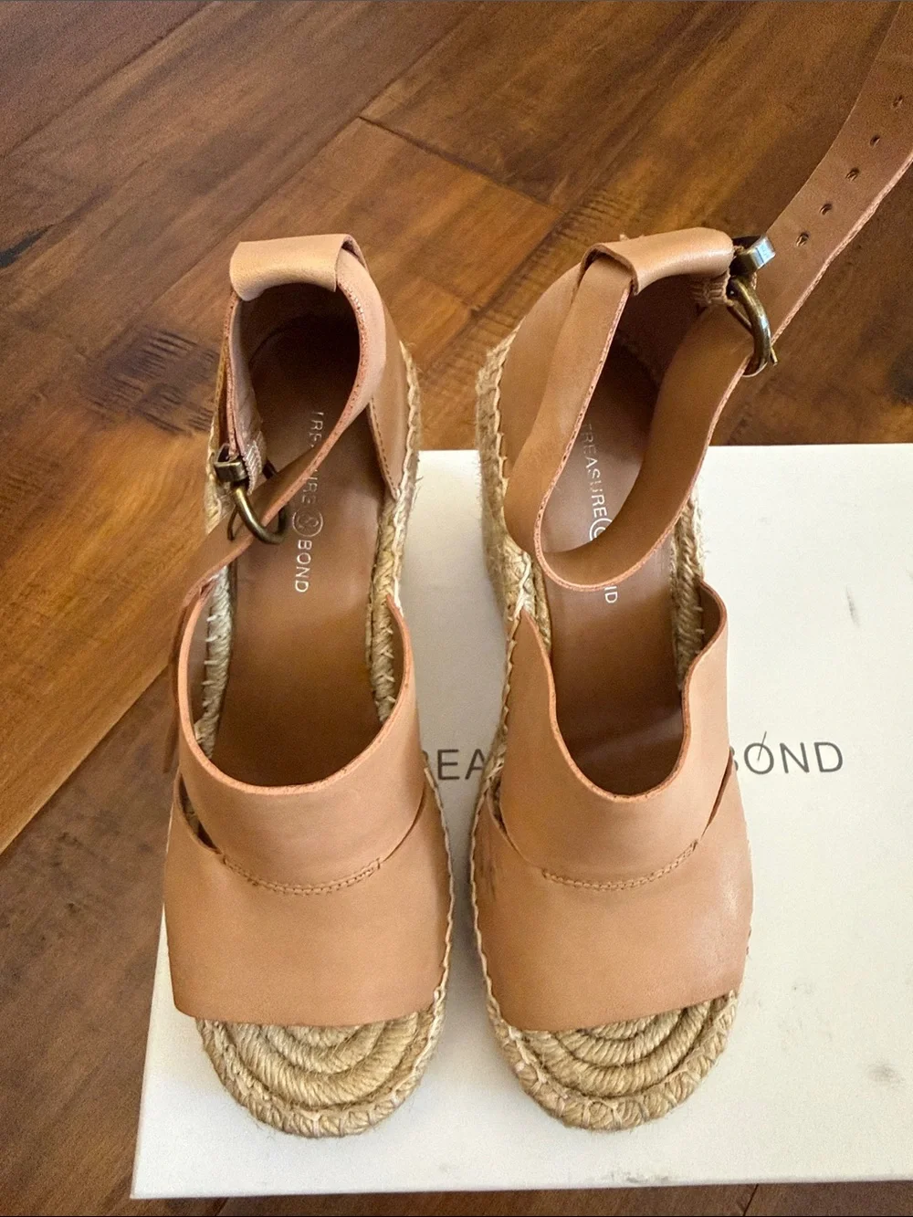 Treasure&Bond Women’s Tan Espadrille Wedge Sandals - Classic Leather Ankle Strap